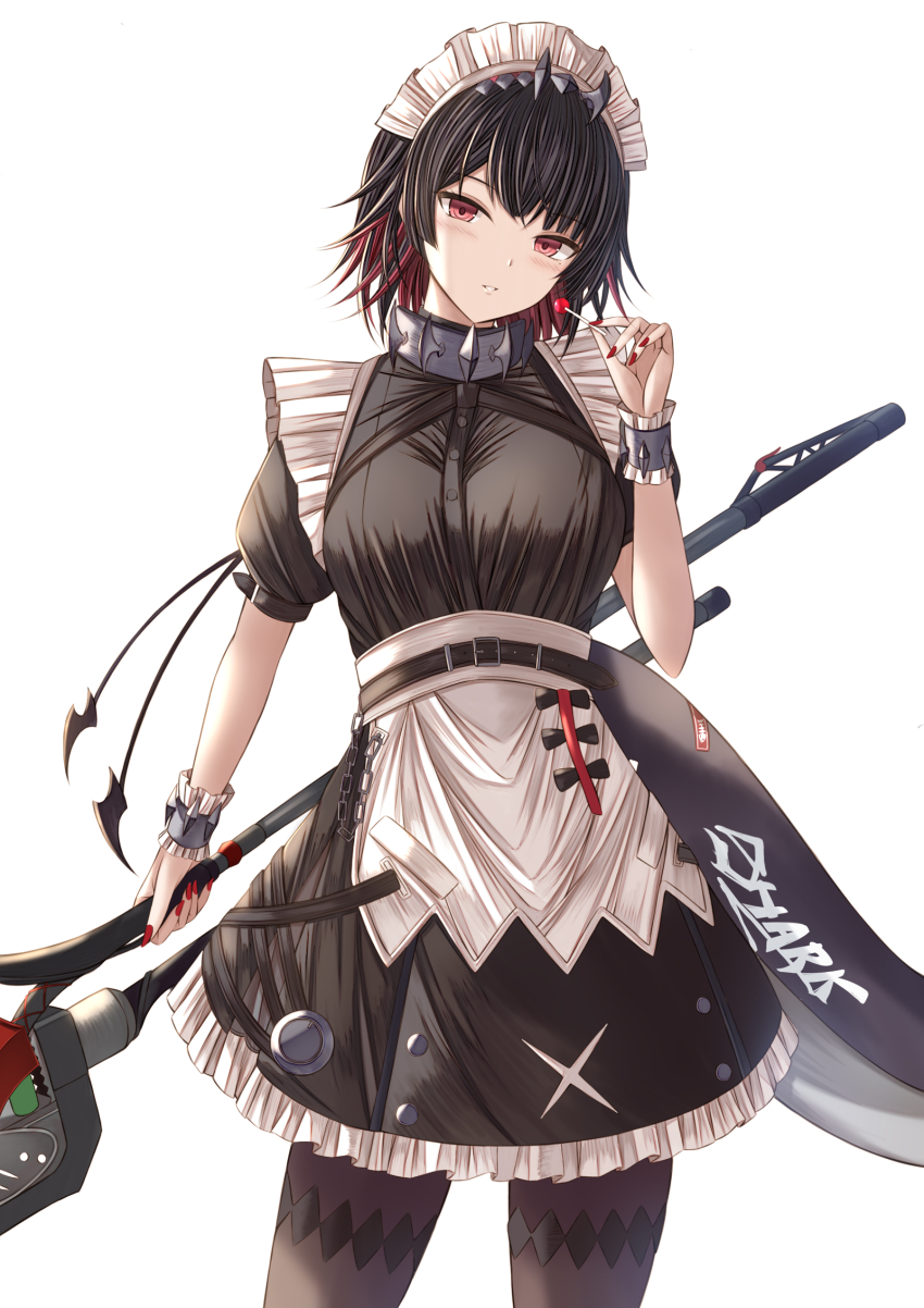 apron black_dress black_hair black_pantyhose candy dress ellen_joe fins fish_tail food frilled_apron frills highres holding holding_candy holding_food holding_lollipop holding_scissors holding_weapon kanpyou_(hghgkenfany) lollipop maid maid_apron maid_headdress pantyhose puffy_short_sleeves puffy_sleeves red_eyes red_hair red_nails scissors shark_girl shark_tail short_hair short_sleeves simple_background tail weapon white_background wrist_cuffs zenless_zone_zero
