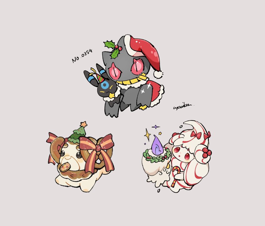 1girl alcremie alcremie_(other_cream) alcremie_(other_sweet) alternate_color alternate_shiny_pokemon animal_focus animal_hands banette berry black_eyes black_fur blue_fur bow brown_fur candy candy_cane closed_eyes cyauken_(ouahloup) dog fidough food food-themed_creature food_as_ears full_body gen_2_pokemon gen_3_pokemon gen_5_pokemon gen_8_pokemon grey_background hat highres litwick looking_at_viewer nintendo orange_bow pokemon pokemon_(creature) red_bow red_eyes santa_hat shiny_pokemon simple_background standing umbreon yellow_eyes yellow_fur