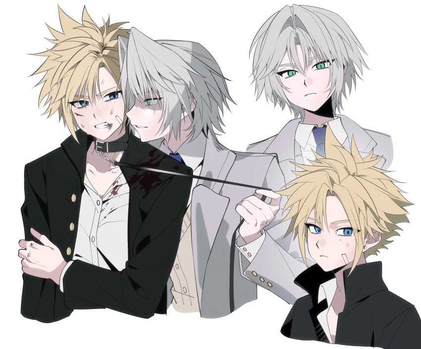 2boys absurdres animal_collar bandage_on_face bandages black_collar black_jacket blonde_hair blood blood_on_clothes blue_eyes blue_necktie brown_sweater_vest clenched_teeth cloud_strife cloud_strife_(midgard_seventh_high_school) collar collared_shirt crossed_arms dirty dirty_face final_fantasy final_fantasy_vii final_fantasy_vii_ever_crisis gakuran green_eyes grey_hair grey_jacket hashtag-only_commentary highres injury jacket kiliko-san leash looking_at_another looking_at_viewer looking_to_the_side male_focus multiple_boys multiple_views necktie official_alternate_costume school_uniform sephiroth sephiroth_(ever_crisis) sephiroth_(shinra_formal_uniform) shirt short_hair slit_pupils spiked_hair sweater_vest teeth upper_body white_background white_shirt yaoi