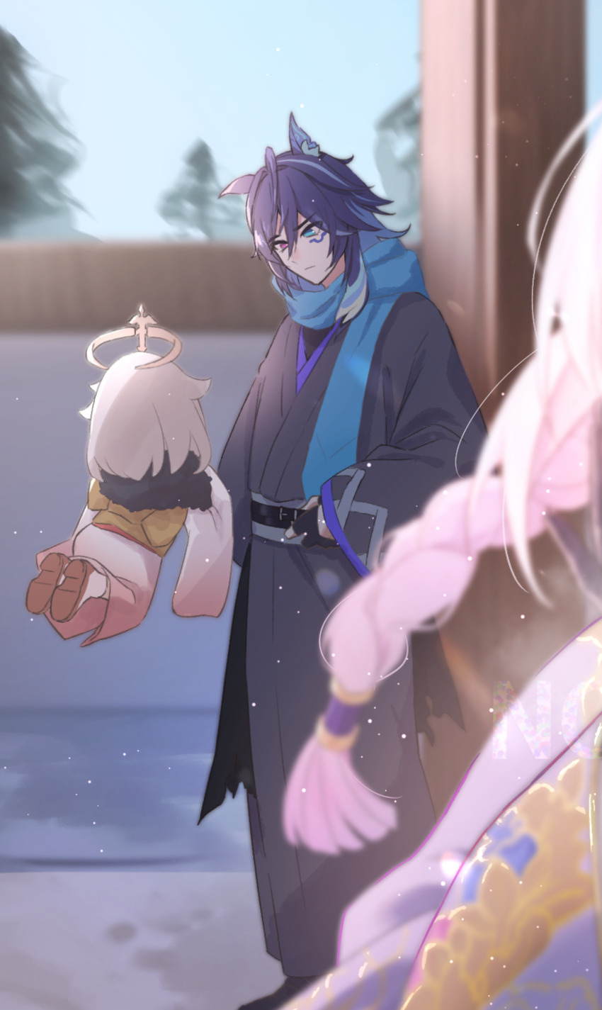 1boy 2girls absurdres alternate_costume animal_ears black_gloves blue_eyes blue_hair braid citlali_(genshin_impact) commentary_request floral_print flower furisode genshin_impact gloves grandmother_and_grandson hair_flower hair_ornament heterochromia highres japanese_clothes kimono long_hair mapmap multicolored_hair multiple_girls ororon_(genshin_impact) outdoors paimon_(genshin_impact) pink_hair pink_kimono standing streaked_hair twin_braids watermark wide_sleeves