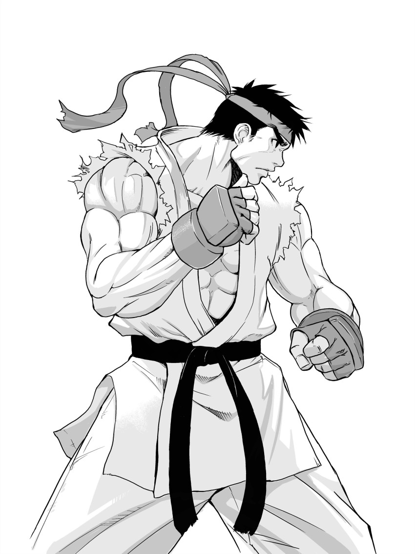 absurdres capcom fighting_stance greyscale highres kazue male_focus monochrome ryu_(street_fighter) solo street_fighter