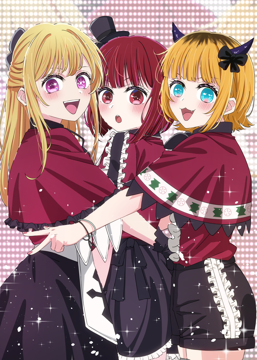 3girls :3 absurdres anju_(artist) arima_kana b-komachi_(new) black_bow black_gloves black_hat black_shorts black_skirt blonde_hair blue_eyes blush bob_cut bow bracelet capelet commentary_request fang frilled_shorts frills gloves hair_bow hat highres hoshino_ruby idol idol_clothes inverted_bob jewelry long_hair looking_at_viewer mem-cho mini_hat mismatched_pupils multicolored_hair multiple_girls nail_polish no_pupils open_mouth oshi_no_ko partial_commentary pink_eyes pink_nails red_capelet red_eyes red_hair red_shirt roots_(hair) shirt short_hair shorts sidelocks skirt sparkle star-shaped_pupils star_(symbol) symbol-shaped_pupils teeth upper_teeth_only v