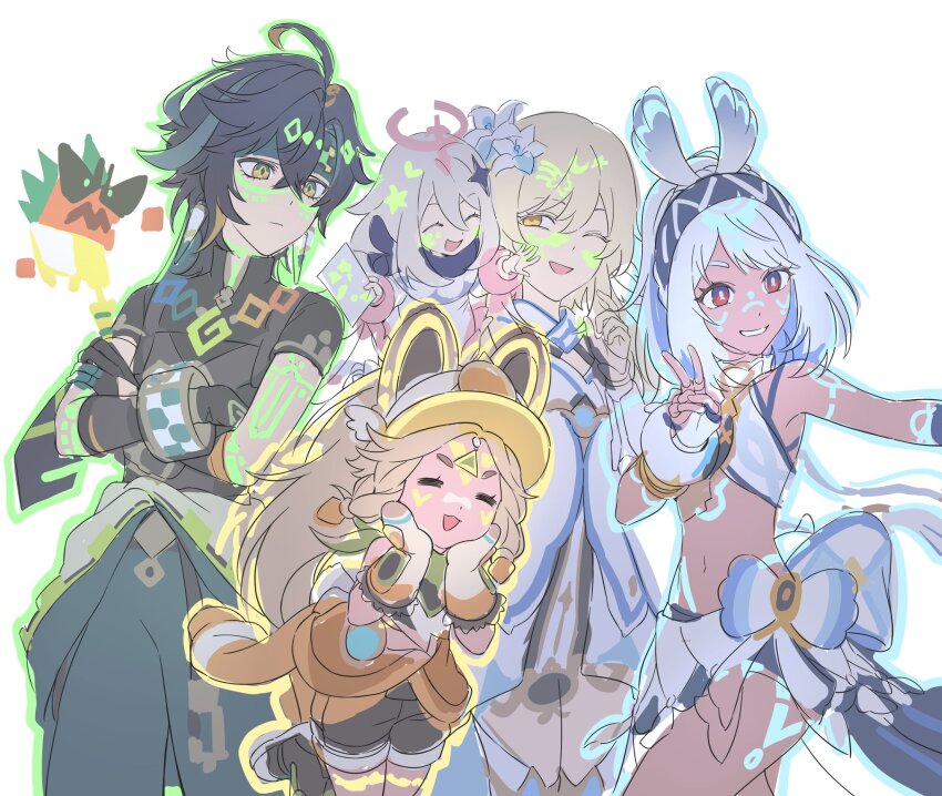 1boy 4girls ajaw_(genshin_impact) angduuuu_(ghost) animal_ears black_hair blonde_hair blue_hair boots closed_eyes commentary_request crossed_arms crossed_bangs detached_sleeves dress flower genshin_impact gloves hair_flower hair_ornament halo hands_on_own_cheeks hands_on_own_face headband highres kachina_(genshin_impact) kinich_(genshin_impact) korean_commentary long_hair lumine_(genshin_impact) mualani_(genshin_impact) multicolored_hair multiple_girls one_eye_closed open_mouth orange_eyes paimon_(genshin_impact) pants red_eyes short_sleeves shorts simple_background v visor_cap white_background white_dress white_flower white_hair