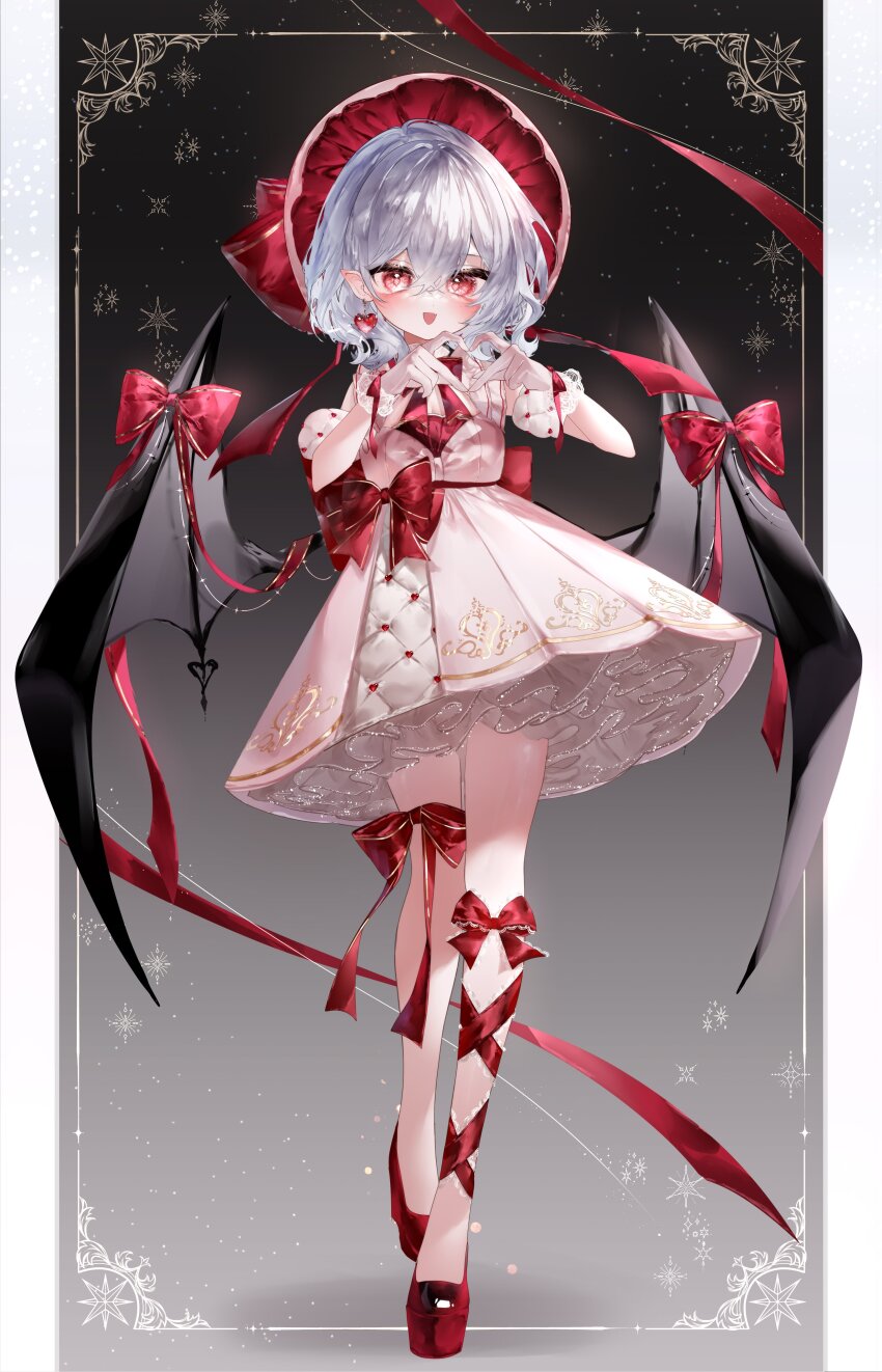 1girl :d absurdres bat_wings black_background blue_hair blush bonnet bow bow_on_wing bowtie commentary detached_sleeves dress earrings fang full_body gradient_background grey_background hair_between_eyes heart heart_earrings heart_hands highres jewelry leg_ribbon looking_at_viewer open_mouth petticoat pink_dress pointy_ears red_bonnet red_bow red_bowtie red_hair red_nails remilia_scarlet ribbon short_hair smile solo standing standing_on_one_leg touhou wings wrist_cuffs yukia_(yukia_777)