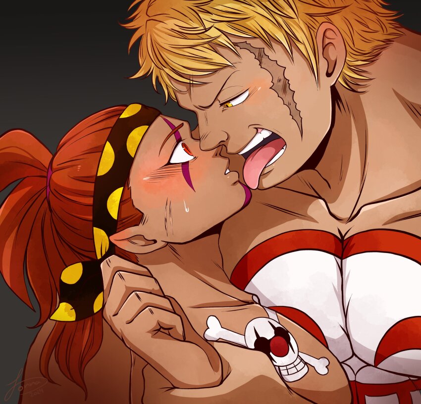 2boys absurdres bakushou_(samayajonna) bara bellamy_(one_piece) blonde_hair blush couple dark-skinned_male dark_skin donquixote_doflamingo_jolly_roger eye_contact face-to-face facial_hair french_kiss headband highres hyena_(samayajonna) kiss large_pectorals looking_at_another male_focus multiple_boys muscular muscular_male nipples nude oc_x_canon one_piece original pectoral_cleavage pectorals red_eyes scar short_hair sideburns_stubble solo_focus stubble surprise_kiss surprised tongue tongue_out upper_body yaoi