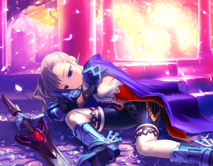 1girl armor bike_shorts blue_eyes female_focus solo spandex spurs sword uni_(plastic_girl) weapon