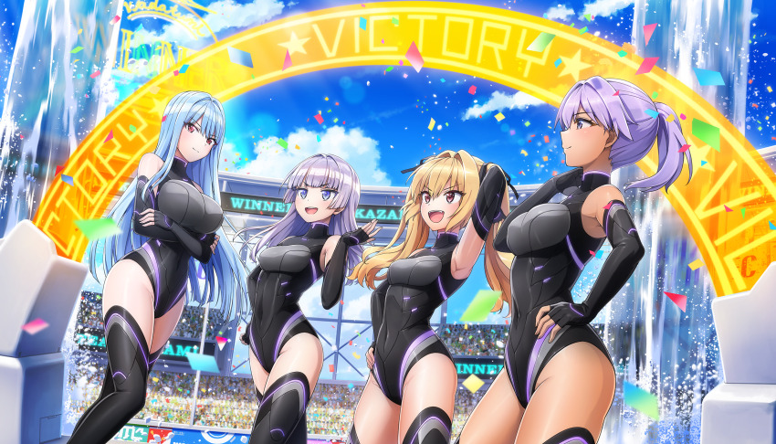 4girls armpits bare_shoulders black_thighhighs blonde_hair blue_hair blunt_bangs bodysuit breasts crossed_legs dark-skinned_female dark_skin dolphin_wave elbow_gloves fingerless_gloves framed_breasts game_cg gloves hair_intakes highleg highleg_leotard highres hime_cut kazami_ellen kazami_uniform large_breasts leotard long_hair multiple_girls nayuki_hiori non-web_source official_art ootomo_takuji outdoors ponytail purple_eyes purple_hair red_eyes schnee_weissberg small_breasts souma_hayate thighhighs twintails