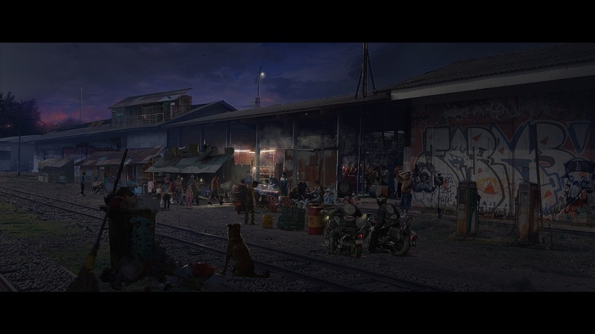 black_border blue_sky border chinese_commentary cloud commentary_request drum_(container) graffiti lamppost letterboxed motor_vehicle motorcycle original outdoors people railroad_tracks realistic scenery sky tree twilight wangzy wide_shot