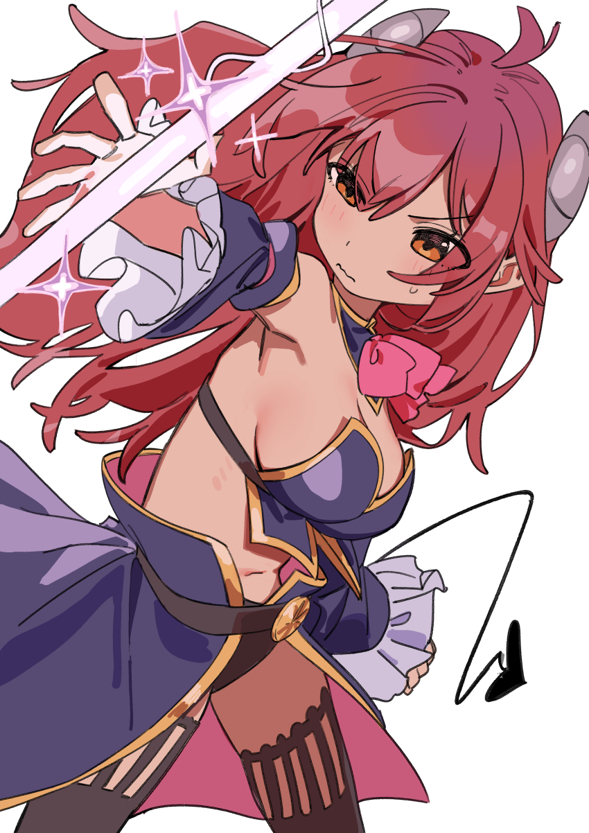 1girl absurdres ahoge blue_sleeves bow bowtie breasts brown_eyes cleavage closed_mouth crisis_management_form_(machikado_mazoku) curled_horns demon_girl demon_horns demon_tail detached_collar detached_sleeves frilled_sleeves frills haruyuki_(gffewuoutgblubh) highres horns large_breasts long_hair machikado_mazoku navel pink_bow pink_bowtie red_hair revealing_clothes shortstack showgirl_skirt simple_background solo sweat tail thighs white_background yoshida_yuuko_(machikado_mazoku)