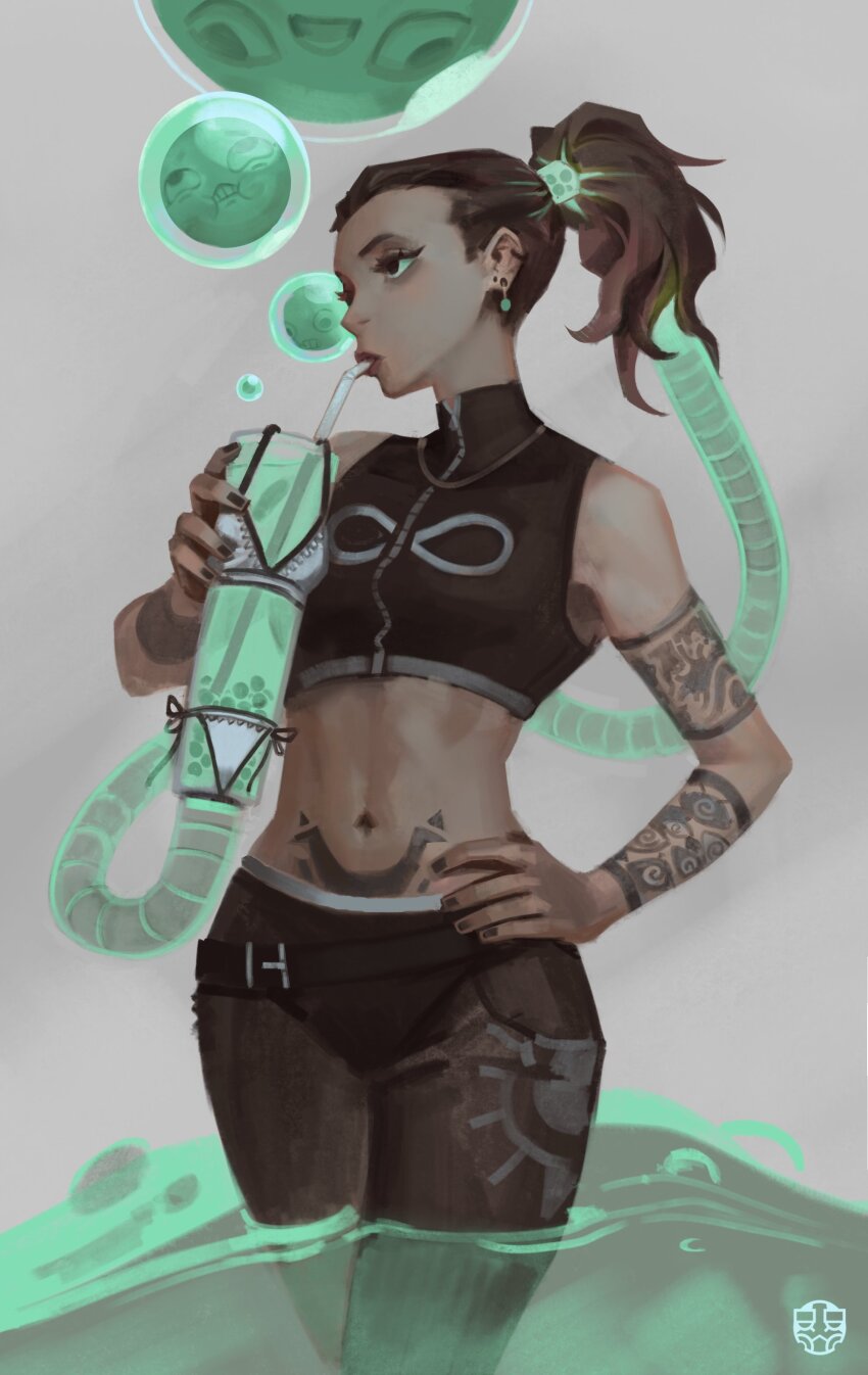 1girl abs absurdres arm_tattoo artist_logo bare_shoulders belt bikini black_belt black_eyes black_nails brown_hair bubble bubble_tea cropped_jacket drink drinking earrings green_liquid grey_background hand_on_own_hip high_ponytail highres holding holding_drink jewelry kaerruu logo looking_to_the_side midriff nail_polish navel original pants ponytail side-tie_bikini_bottom simple_background solo stomach_tattoo swimsuit tattoo tube wading white_bikini zipper