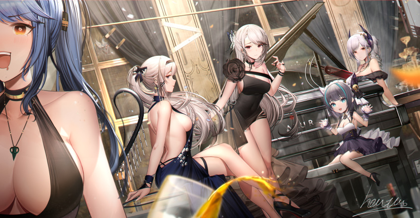 5girls absurdres azur_lane bare_back bare_shoulders black_dress breasts cheshire_(azur_lane) chibi crossed_legs cup dress drinking_glass dunkerque_(azur_lane) essex_(azur_lane) essex_(craft_fairytail)_(azur_lane) giulio_cesare_(azur_lane) heatia highres instrument jewelry little_cheshire_(azur_lane) long_hair mainz_(azur_lane) marco_polo_(azur_lane) medium_breasts multiple_girls necklace official_alternate_costume piano sideboob sitting thighs very_long_hair white_hair