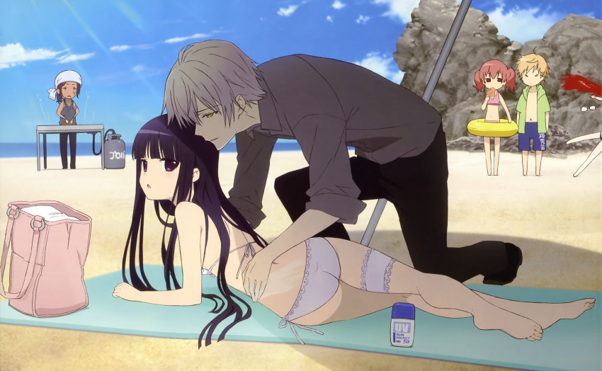 3boys 3girls :o absurdres ahoge applying_sunscreen apron ass back bag bandana beach bikini black_hair black_pants blonde_hair blood blue_sky blue_swim_trunks blunt_bangs breasts cloud cooking eating feet frilled_thigh_strap full_body glasses grey_shirt grill hand_on_another&#039;s_back highres innertube inu_x_boku_ss lace lace-trimmed_bikini lace-trimmed_legwear lace_bikini lace_trim long_hair looking_at_another looking_back lotion lying male_swimwear medium_hair miketsukami_soushi motion_lines multiple_boys multiple_girls navel nosebleed on_side on_stomach open_mouth outdoors pants pink_bikini propane_tank purple_hair red_hair roromiya_karuta sand shade shirakiin_ririchiyo shirt short_hair shorts side-tie_bikini_bottom side-tie_peek sidelocks sky small_breasts soles sorinozuka_renshou sunlight sunscreen swim_ring swim_trunks swimsuit tapestry thigh_strap toes towel twintails umbrella very_long_hair wall_scroll watanuki_banri white_hair yellow_eyes yellow_innertube yoshida_takahiko yukinokouji_nobara