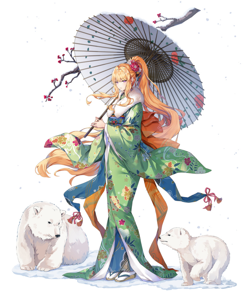 1girl animal_ears artist_request beads bear bear_ears berry blonde_hair branch closed_mouth cub final_gear floral_print floral_print_kimono floral_print_sleeves floral_print_umbrella flower flower_knot flower_ornament full_body furisode furisode_sleeves green_kimono green_sleeves hair_flower hair_ornament half_updo high_ponytail highres hiki_furisode holding holding_umbrella japanese_clothes kimono long_hair long_sidelocks long_sleeves natasha_(final_gear) obi obiage obidome obijime official_art oil-paper_umbrella parasol polar_bear ponytail print_kimono purple_eyes red_flower red_ribbon ribbon sandals sash sidelocks simple_background snow snowing socks solo standing tabi tachi-e tassel third-party_source transparent_background umbrella very_long_hair white_flower white_socks white_umbrella wide_sleeves yellow_flower zouri