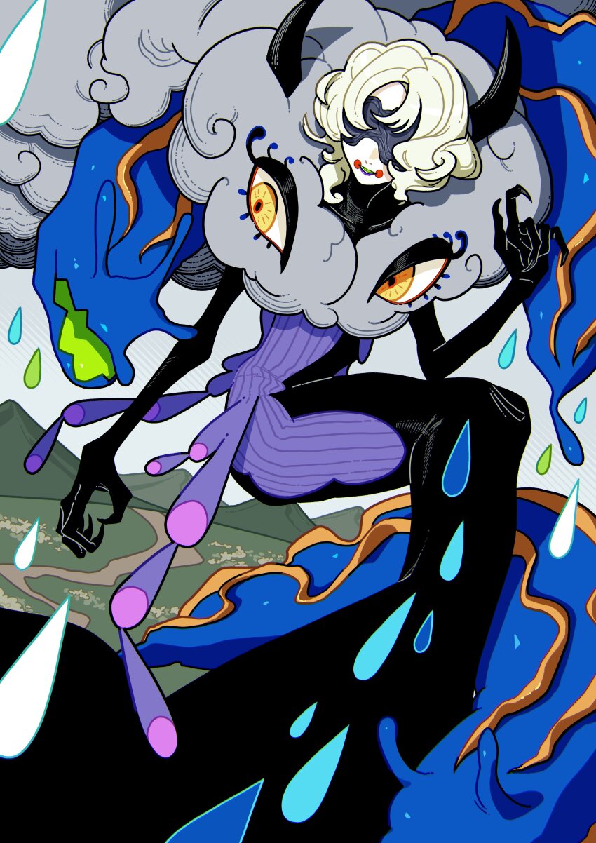 1girl absurdres black_dress blonde_hair claws cloud creature dress feather_boa full_body hand_up highres living_clothes momomo_906 original outdoors rain sea_slug short_hair solo