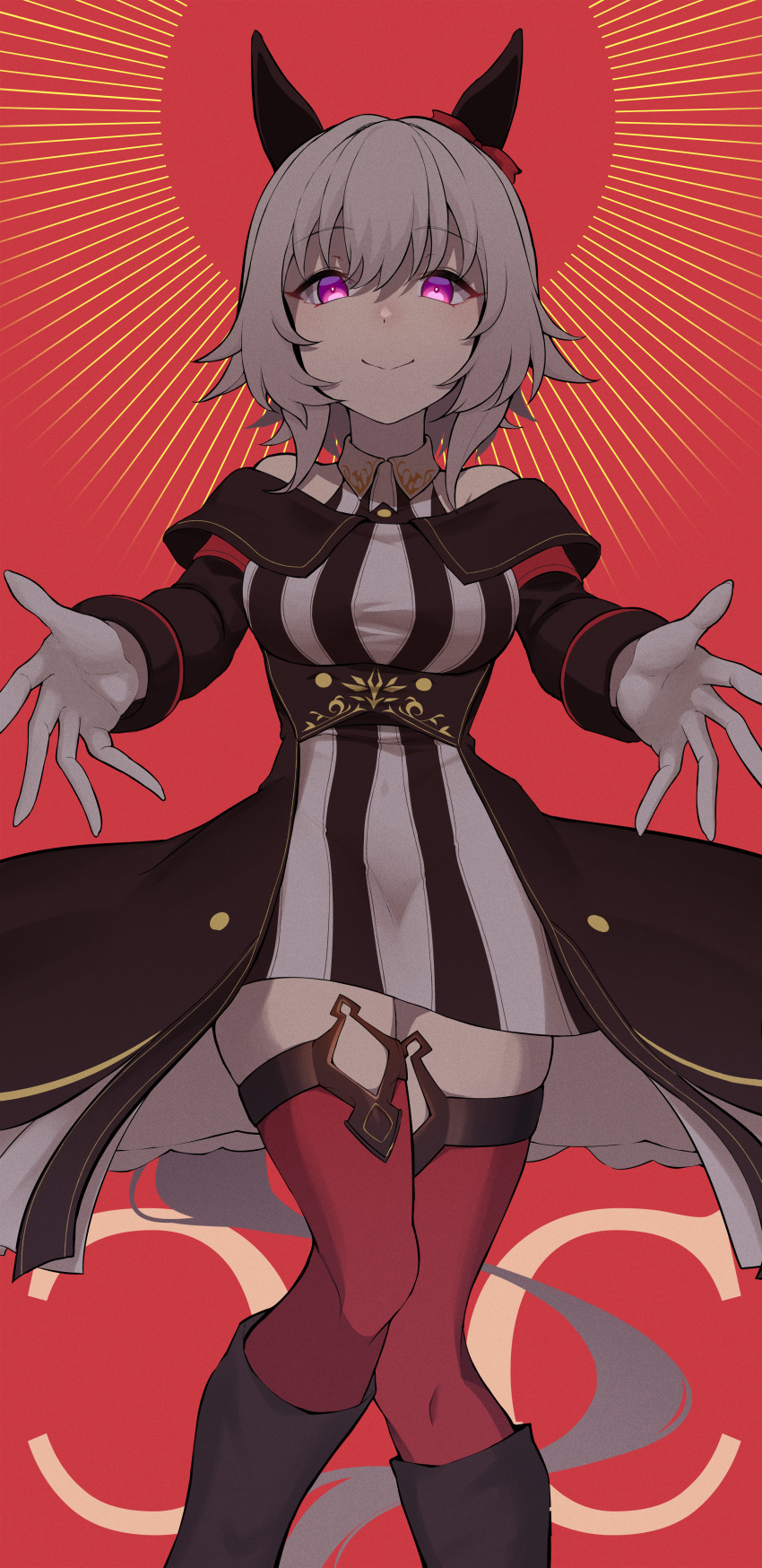 1girl absurdres animal_ears black_boots black_dress boots bow closed_mouth clothing_cutout commentary curren_chan_(umamusume) dress ear_bow ear_covers english_commentary gloves grey_hair haibarasaika half-dress highres horse_ears horse_girl horse_tail knee_boots long_sleeves looking_at_viewer medium_dress mixed-language_commentary purple_eyes reaching reaching_towards_viewer red_background red_thighhighs short_hair shoulder_cutout smile solo standing tail thighhighs umamusume white_gloves