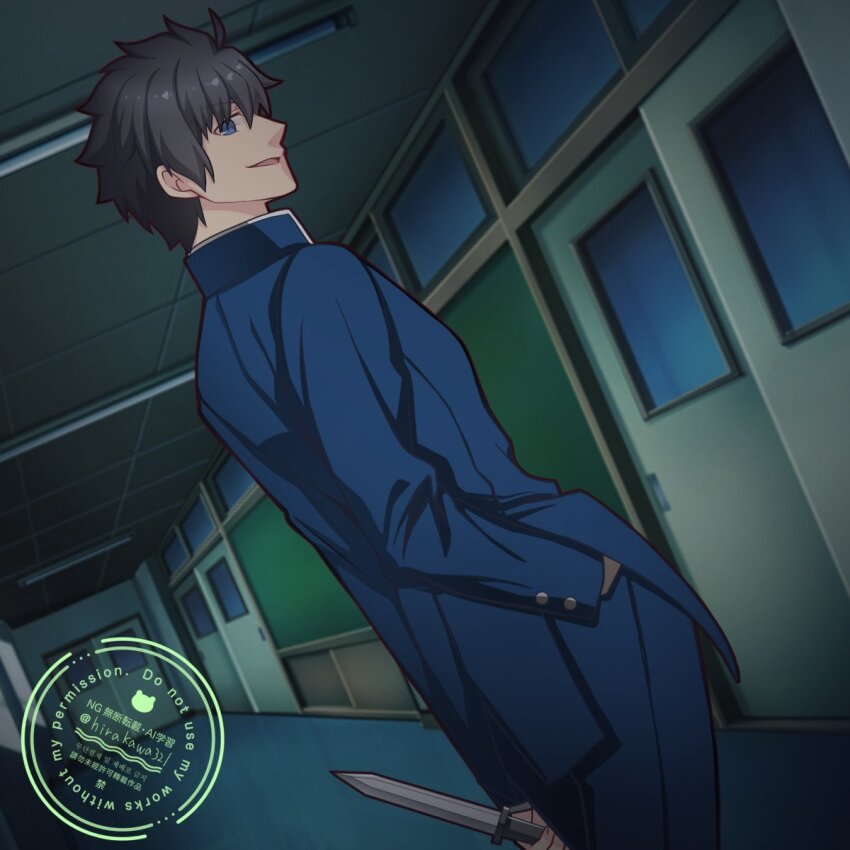 1boy black_hair blue_eyes hallway hand_in_pocket highres hirakawa holding holding_knife holding_weapon indoors knife looking_at_viewer male_focus nanatsu-yoru nanaya_shiki school school_uniform smile tsukihime type-moon weapon