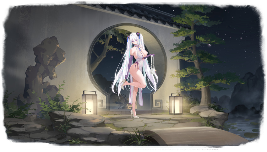 1girl absurdres aqua_hair architecture artist_request ass azur_lane bare_shoulders between_breasts blush breasts bridge center_opening check_artist china_dress chinese_clothes cleavage cleavage_cutout clothing_cutout collarbone covered_navel dress earrings east_asian_architecture elbow_gloves full_body gloves gold_trim grass hair_between_eyes hair_ornament hair_over_one_eye high_heels highleg highres holding holding_lantern huge_breasts jewelry kearsarge_(azur_lane) kearsarge_(springtime_monitoring)_(azur_lane) lamp lantern large_breasts leg_lift leg_up legs lily_pad long_hair looking_at_viewer navel night night_sky no_bra no_panties non-web_source official_alternate_costume official_art open_mouth outdoors panties pelvic_curtain plant purple_dress purple_eyes purple_gloves purple_ribbon revealing_clothes ribbon river rock see-through_clothes see-through_dress shoes sideboob sideless_outfit sky sleeveless sleeveless_dress solo standing standing_on_one_leg star_(sky) starry_sky stiletto_heels thick_thighs thighs tree twintails underwear very_long_hair water white_dress white_hair white_shoes yd_(orange_maru)