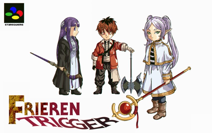 1boy 2girls absurdres artist_name axe baggy_pants bandaged_arm bandages battle_axe black_coat black_gloves black_pants blunt_bangs boots brown_footwear capelet chrono_trigger coat commentary cover derivative_work dress earrings english_commentary fake_cover fern_(sousou_no_frieren) fingerless_gloves floating_earring frieren from_side frown gloves gold_trim green_eyes highres holding holding_staff holding_weapon jacket jewelry long_hair long_sleeves looking_at_viewer mage_staff multiple_girls open_clothes open_coat open_jacket pants parody pointy_ears profile purple_hair red_eyes red_hair red_jacket short_hair simple_background single_glove sleeve_cuffs smile sousou_no_frieren staff starequiems stark_(sousou_no_frieren) twintails v-shaped_eyebrows video_game_cover video_game_cover_redraw weapon white_background white_capelet white_dress