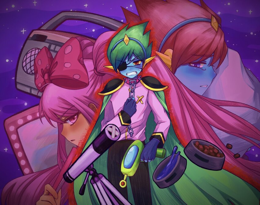 1girl 2boys angry armor black_pants blue_eyes blue_gloves blue_hairband blue_skin bow cape captain_spaceboy chain chain_leash clenched_teeth collar colored_sclera colored_skin commentary cowboy_shot dark-skinned_female dark_skin dual_persona english_commentary fingernails gloves green_cape green_hair gun hair_bow hairband hatching_(texture) highres holding holding_gun holding_own_leash holding_weapon jacket leash linglanjunying long_hair long_sleeves looking_at_viewer multiple_boys omori outdoors outline pants parted_lips pink_bow pink_collar pink_eyes pink_hair pink_jacket polka_dot polka_dot_bow profile purple_sky red_eyes red_outline short_hair shoulder_armor sky sparkle spiked_collar spikes standing sweatdrop sweetheart_(omori) tearing_up teeth telescope twintails vignetting weapon yellow_sclera