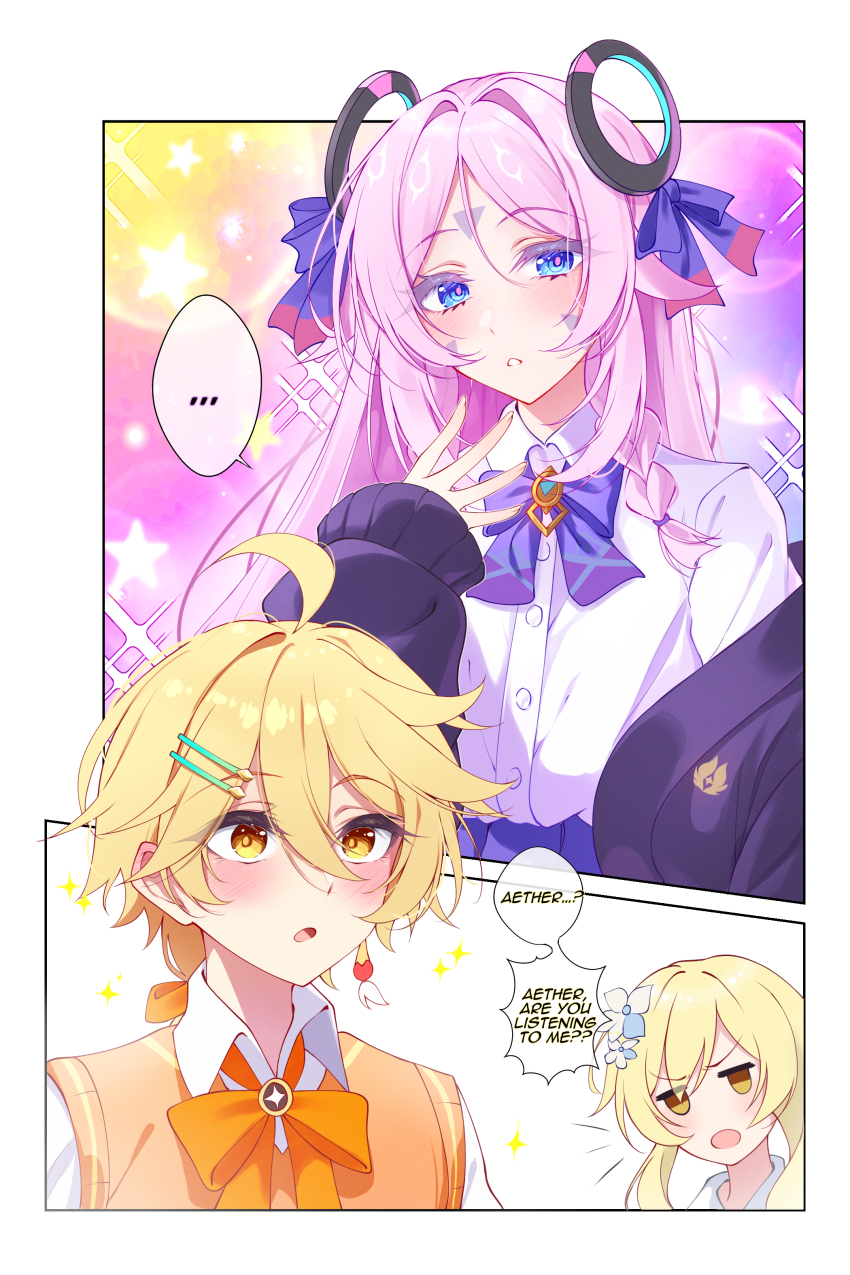 1boy 2girls absurdres aether_(genshin_impact) ahoge blonde_hair blush bow brother_and_sister citlali_(genshin_impact) collared_shirt commentary_request facial_tattoo flower genshin_impact hair_between_eyes hair_flower hair_ornament highres looking_at_viewer lumine_(genshin_impact) midori_(midori13579) multiple_girls open_mouth orange_bow purple_bow purple_sweater ring_hair_ornament shirt siblings speech_bubble sweater tattoo twins white_shirt yellow_eyes