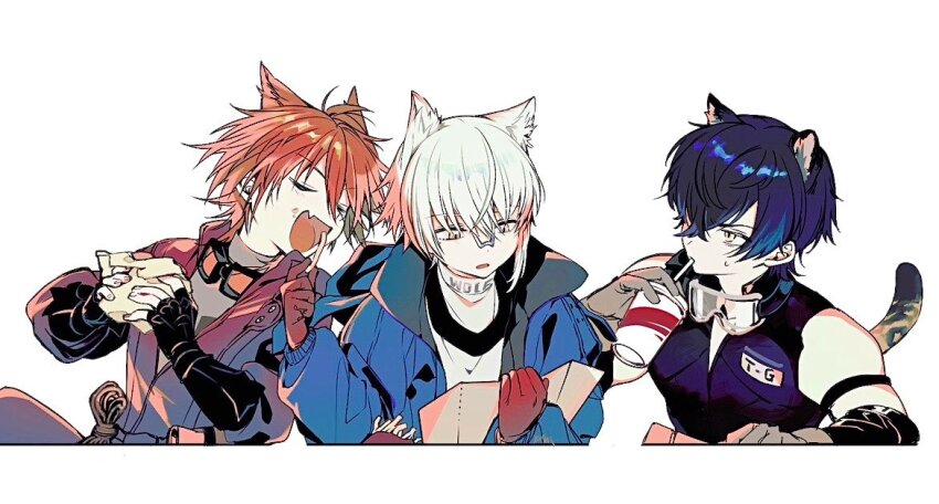 3boys animal_ears aosta_(arknights) arknights bare_shoulders black_gloves blue_hair blue_jacket blue_shirt broca_(arknights) brown_gloves burger cat_boy cat_ears chiave_(arknights) closed_eyes cropped_torso drink drinking eating fang feeding fingerless_gloves food french_fries gloves goggles goggles_around_neck holding holding_drink holding_food holding_map ieiieiiei jacket leopard_boy leopard_tail looking_down map multiple_boys open_mouth reading red_eyes red_hair red_jacket shirt short_hair simple_background skin_fang tail upper_body white_background white_hair white_shirt