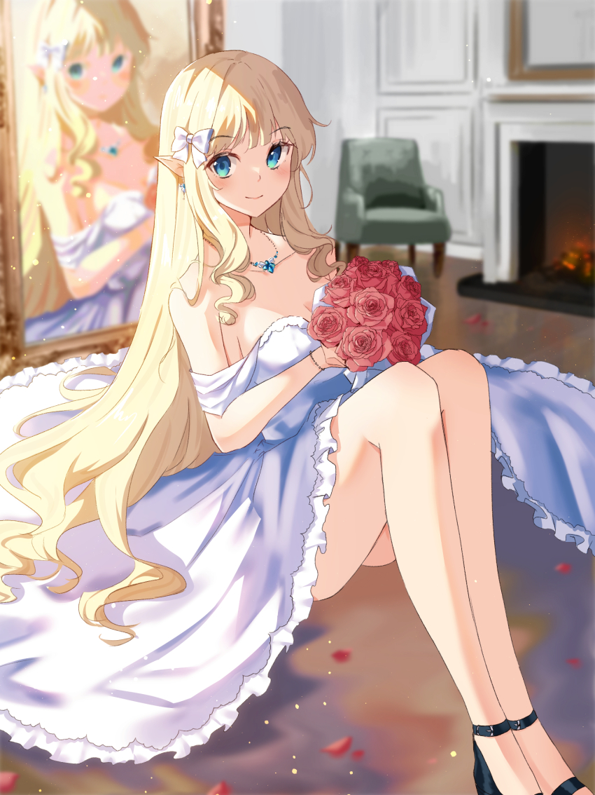 1girl armchair black_shoes blonde_hair blue_eyes blurry blurry_background blush bouquet bow breasts chair cleavage closed_mouth collarbone commentary_request depth_of_field dress fireplace flower frilled_dress frills hair_bow highres holding holding_bouquet holmemee jewelry knees_up long_hair looking_at_viewer medium_breasts necklace off-shoulder_dress off_shoulder petals pointy_ears princess_connect! red_flower red_rose rose saren_(princess_connect!) shoes sitting smile solo very_long_hair white_bow white_dress