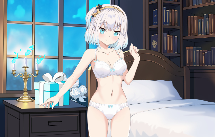 1girl absurdres ars_almal bed bed_sheet belly blanket blue_eyes book bookshelf bow box bra breasts candle closed_mouth commission eyebrows eyelashes flower gift gift_box headband highres indoors kiniro_tofu looking_at_viewer navel nijisanji panties pillow ribbon rose shelf smile solo table thighs underwear underwear_only virtual_youtuber white_bra white_flower white_hair white_panties white_rose window