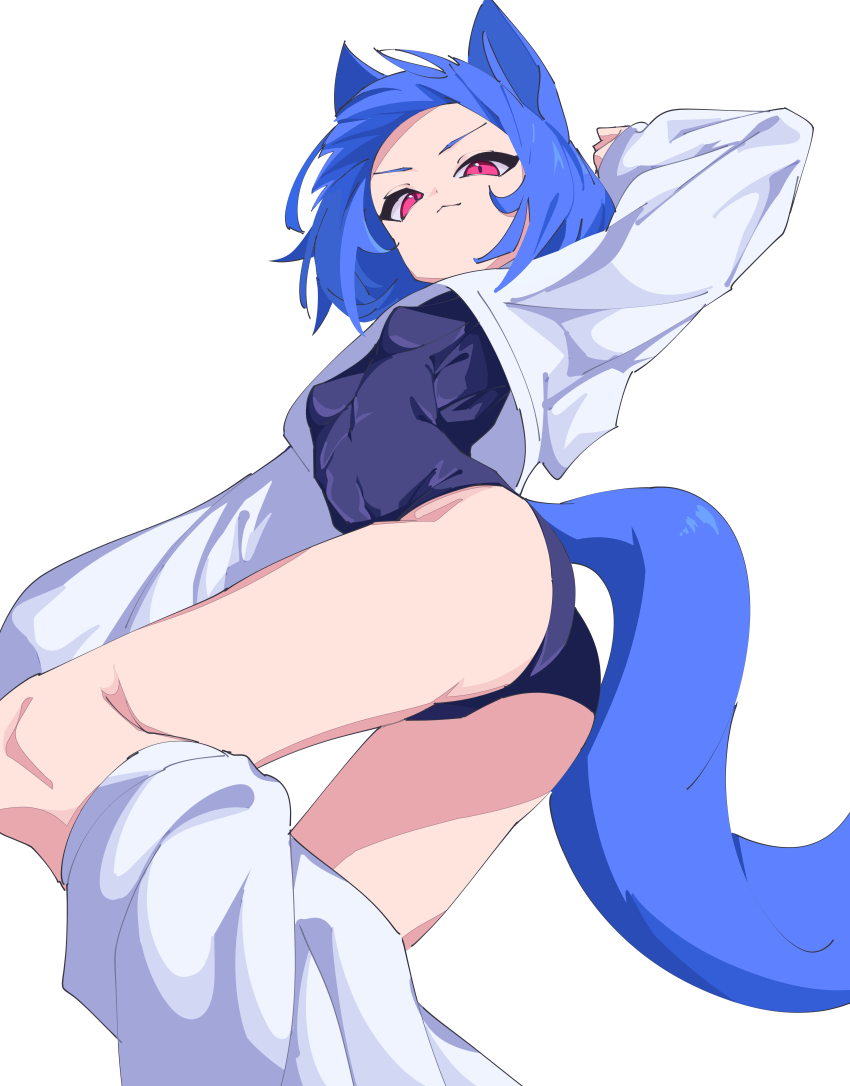 1girl absurdres animal_ears ass blue_one-piece_swimsuit crop_top fox_ears highres looking_at_viewer medium_hair myakuro one-piece_swimsuit original red_eyes simple_background solo swimsuit tail white_background