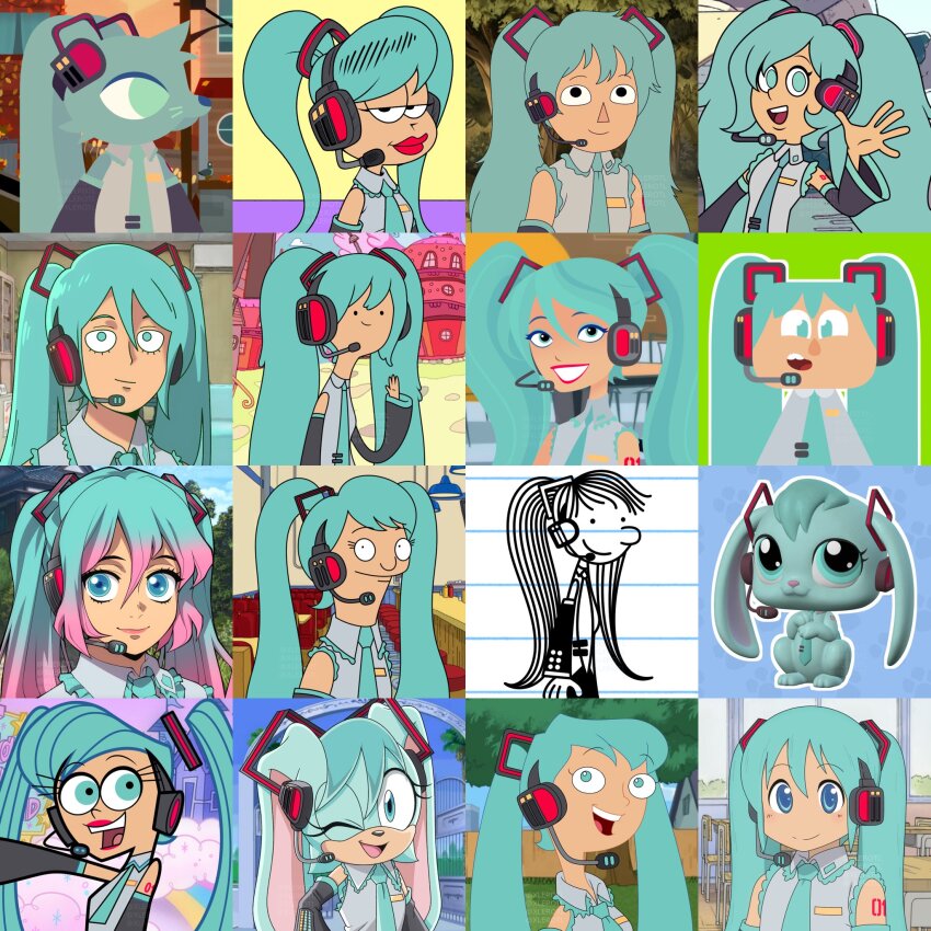 1girl 6teen adventure_time aqua_hair blue_eyes blue_hair bob&#039;s_burgers brand_name_imitation diary_of_a_wimpy_kid duolingo garfield hair_between_eyes hatsune_miku highres jeff_kinney_(style) kimetsu_no_yaiba littlest_pet_shop long_hair looking_at_viewer mob_psycho_100 multiple_persona multiple_style_parody necktie nichijou night_in_the_woods over_the_garden_wall parody phineas_and_ferb self-upload shirt sleeveless smile sonic_(series) sonic_x steven_universe style_parody style_request the_fairly_oddparents toon_(style) twintails upper_body very_long_hair vocaloid xlerotl