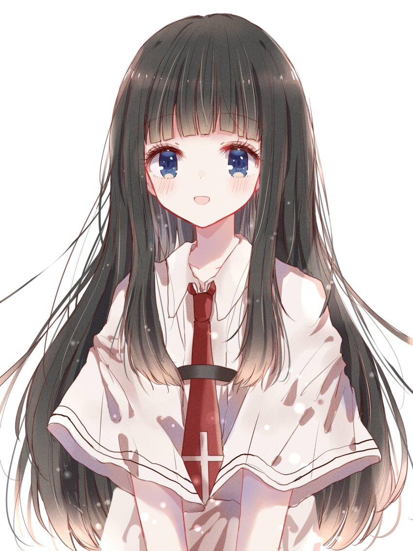 1girl :d absurdres black_hair blue_eyes blunt_bangs blush capelet collared_shirt commentary cross cross_print eyelashes highres long_hair looking_at_viewer natsuno_st necktie open_mouth print_necktie red_necktie school_uniform shirt sidelocks simple_background smile solo straight_hair subarashiki_hibi takashima_zakuro tareme upper_body very_long_hair white_background white_capelet white_shirt