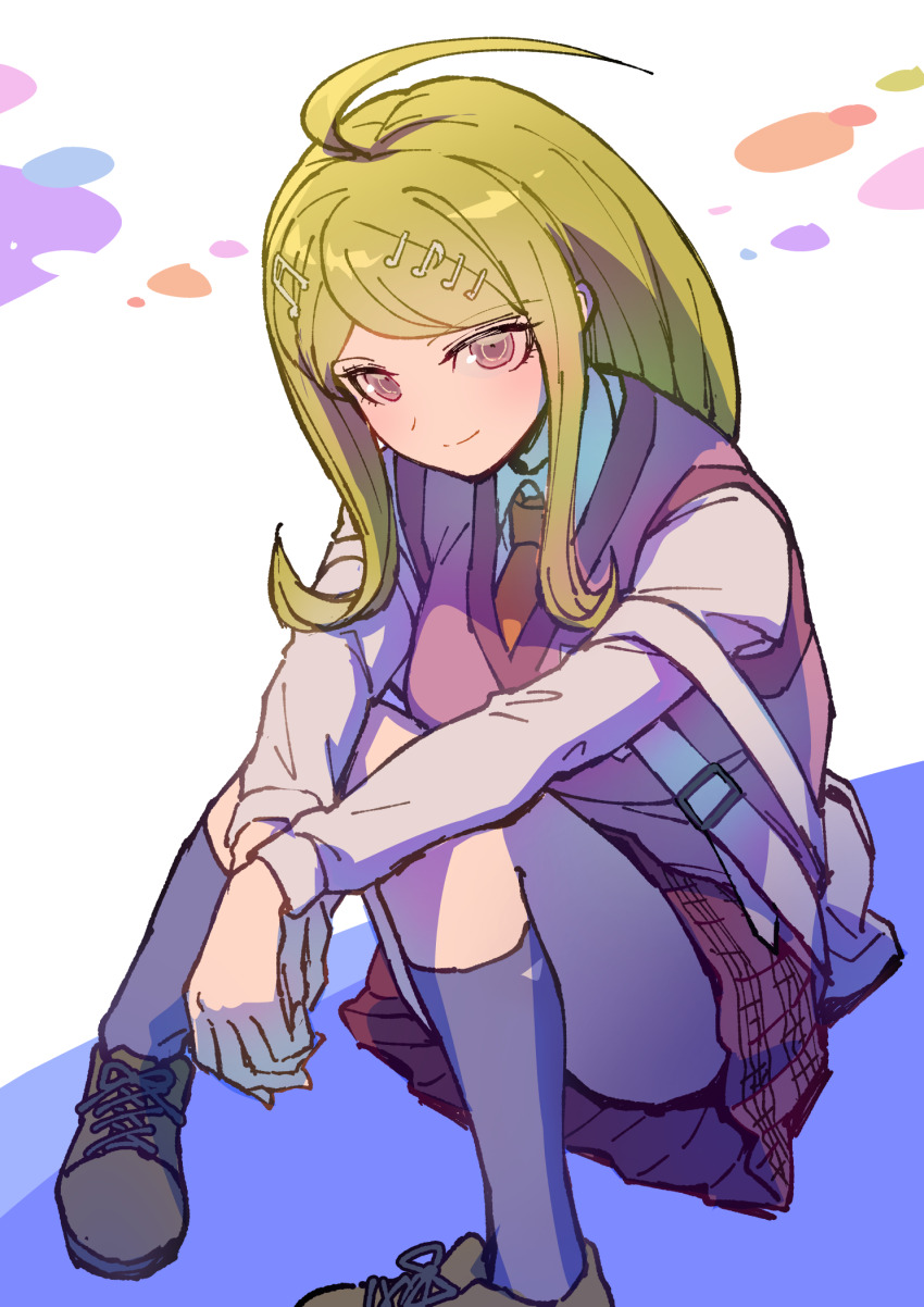 1girl ahoge akamatsu_kaede blonde_hair breasts brown_eyes brown_shoes danganronpa_(series) danganronpa_v3:_killing_harmony fortissimo grey_shirt hair_ornament highres kneehighs large_breasts long_hair long_sleeves looking_at_viewer miniskirt musical_note musical_note_hair_ornament necktie orange_necktie pink_sweater_vest red_skirt shirt shoes skirt smile socks sweater_vest white_background white_bag youko-shima