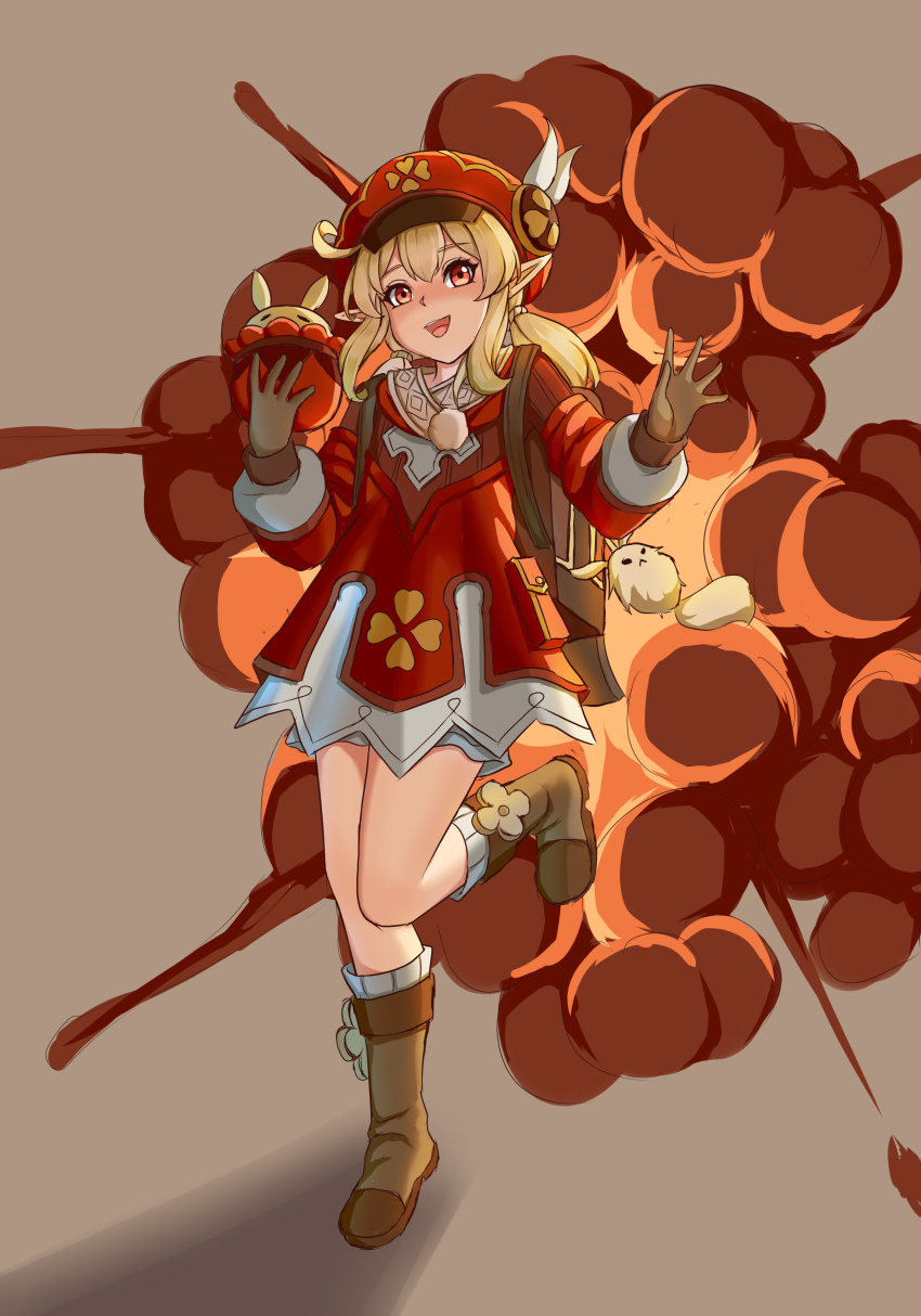 1girl :d absurdres backpack bag blonde_hair blush boots brown_background brown_boots brown_gloves commentary_request dodoco_(genshin_impact) dress explosion feathers genshin_impact gloves hair_between_eyes happy_(pixiv_24098338) hat hat_feather highres jumpy_dumpty klee_(genshin_impact) knee_boots kneehighs long_hair long_sleeves looking_at_viewer low_twintails newsboy_cap open_mouth puffy_long_sleeves puffy_sleeves red_dress red_eyes red_hat ribbed_socks shadow simple_background smile socks solo standing standing_on_one_leg twintails white_feathers white_socks