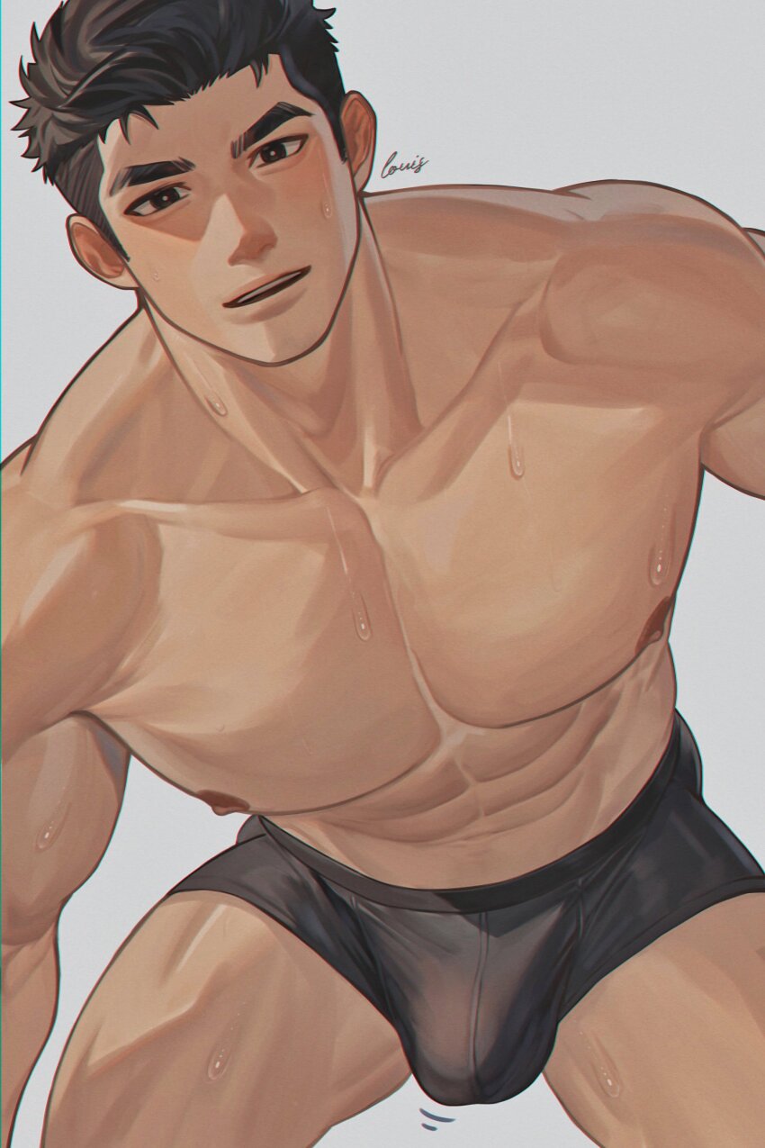1boy abs absurdres artist_name bara black_hair black_male_underwear boxer_briefs bulge collarbone commentary highres large_pectorals looking_at_viewer louis_tjxx male_focus male_underwear muscular muscular_male navel nipples original parted_lips pectorals short_hair simple_background solo sweat thighs topless_male undercut underwear underwear_only