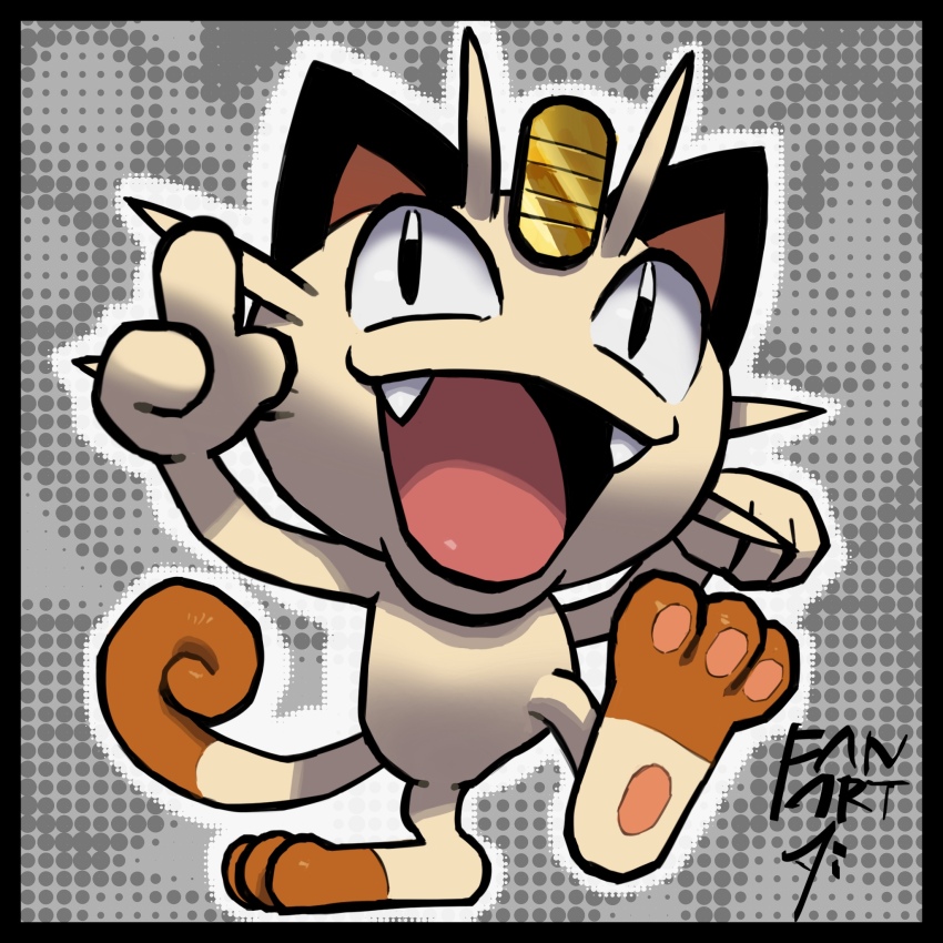 af_(afloatisland) black_border black_eyes border fangs full_body gen_1_pokemon grey_background highres index_finger_raised looking_at_viewer meowth nintendo no_humans open_mouth pokemon pokemon_(creature) short_hair solo standing standing_on_one_leg