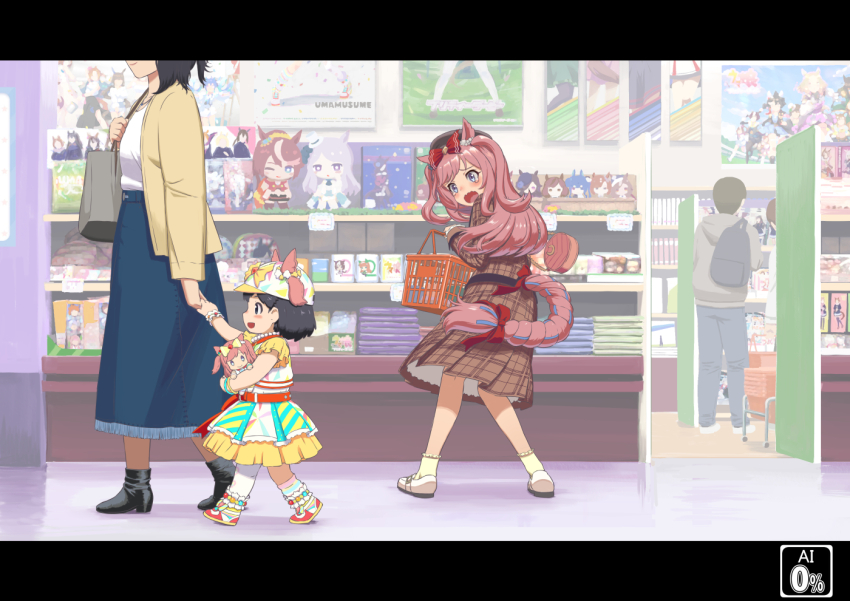 1boy 3girls admire_vega_(umamusume) agnes_digital_(umamusume) animal_ears ankle_boots black_border black_footwear black_hair blue_eyes blue_skirt boots border bow braided_tail brown_coat cardigan child coat copyright_name cup doll extra from_behind from_side hair_bow holding holding_doll horse_ears horse_girl horse_tail ikuno_dictus_(umamusume) indoors kakuchoshi katsuragi_ace_(umamusume) long_hair matikane_tannhauser_(umamusume) mejiro_mcqueen_(end_of_sky)_(umamusume) mejiro_mcqueen_(umamusume) mother_and_daughter mr._c.b._(umamusume) mug multiple_girls narita_brian_(umamusume) narita_top_road_(umamusume) nice_nature_(umamusume) original pink_hair red_bow rice_shower_(umamusume) sakura_laurel_(umamusume) shelf short_hair silence_suzuka_(umamusume) skirt socks special_week_(umamusume) symboli_kris_s_(umamusume) symboli_rudolf_(umamusume) t.m._opera_o_(umamusume) tail tanino_gimlet_(umamusume) tapestry tokai_teio_(beyond_the_horizon)_(umamusume) tokai_teio_(umamusume) twin_turbo_(umamusume) two_side_up umamusume wavy_mouth white_footwear white_socks yellow_cardigan yellow_socks