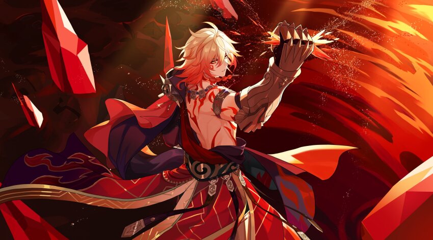 1boy arm_tattoo armlet back_tattoo black_coat blonde_hair braid breaking cape clawed_gauntlets coat commentary_request crystal facial_tattoo gold_necklace gradient_hair hair_between_eyes highres honkai:_star_rail honkai_(series) jewelry looking_at_viewer male_focus medium_hair multicolored_hair mydei_(honkai:_star_rail) necklace open_clothes open_coat parted_lips red_cape red_hair red_tattoo ryokucha_(taiyaki_202305) side_braid side_cape solo tattoo toned toned_male waist_cape yellow_eyes