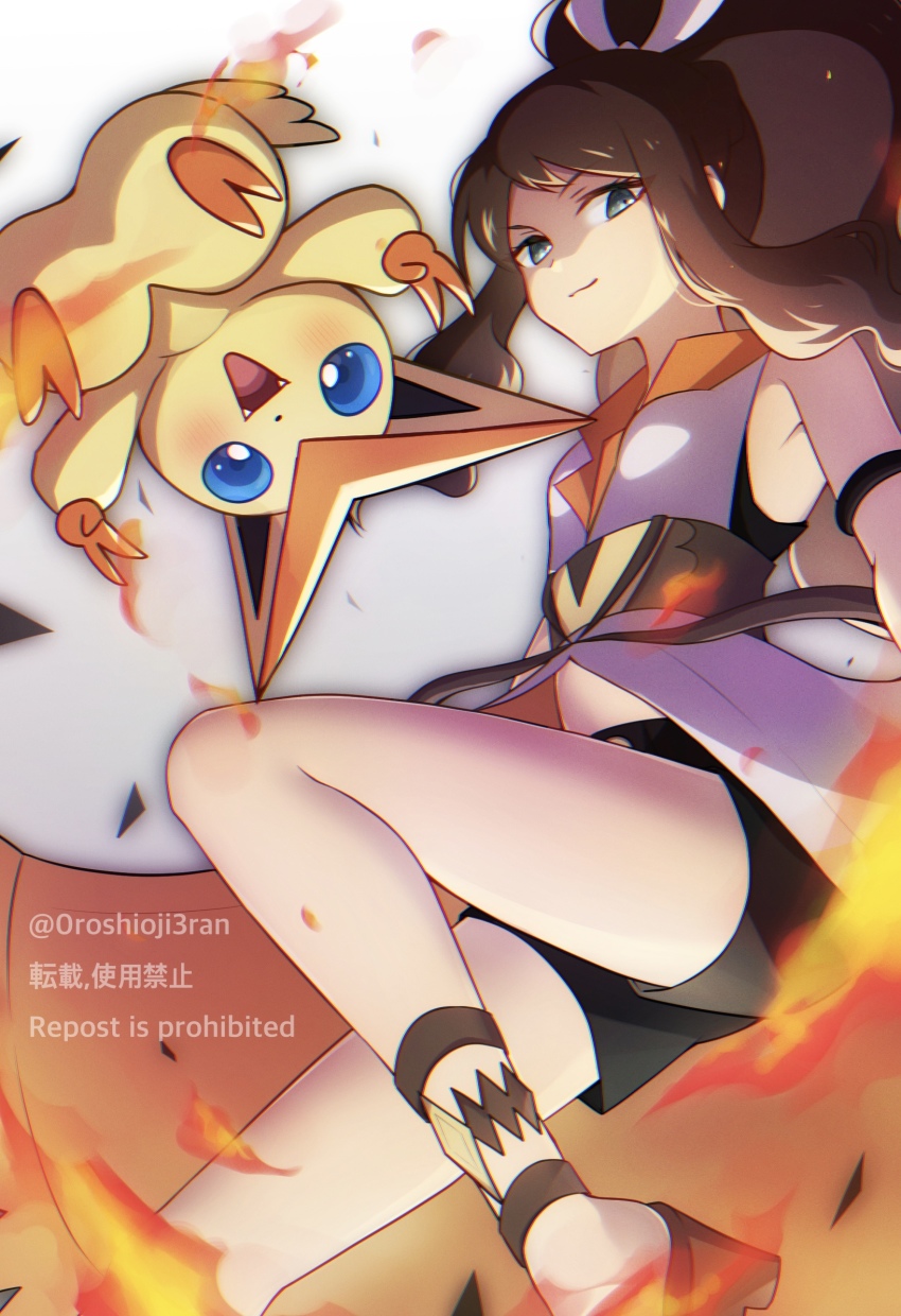 0roshioji3ran 1girl armlet bad_id bad_pixiv_id belt black_shorts blue_eyes brown_belt brown_hair closed_mouth coat commentary double_v eyelashes fangs fire game_freak gen_5_pokemon green_eyes hair_ribbon highres hilda_(pokemon) hilda_(sygna_suit)_(pokemon) jewelry legendary_pokemon looking_down mythical_pokemon nintendo official_alternate_costume open_mouth pokemon pokemon_(creature) pokemon_masters_ex ribbon shoes shorts sidelocks smile v victini watermark white_ribbon