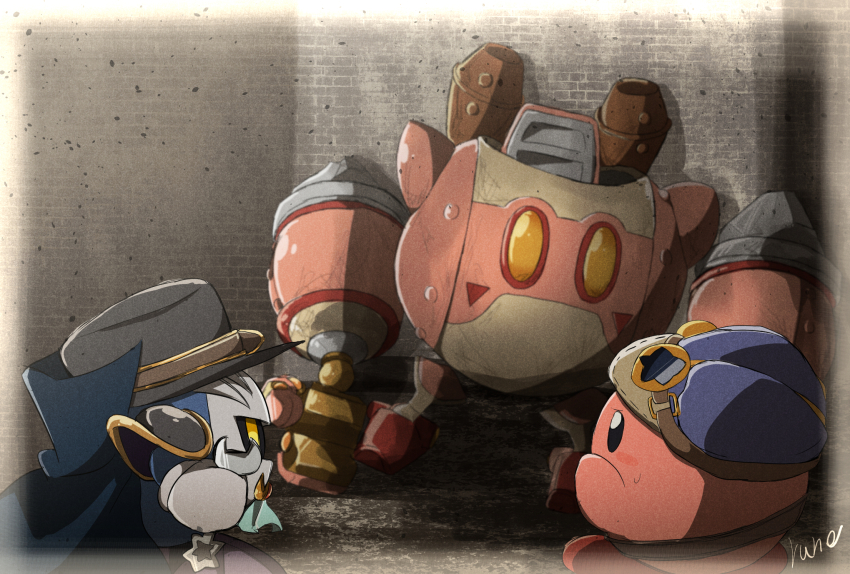 blue_headwear blush_stickers cape colored_skin commentary_request grey_headwear highres holding holding_wrench hoshi_no_kirby:_mugen_no_haguruma_o_sagase! kirby kirby:_planet_robobot kirby_(series) mask mechanical_arms meta_knight nintendo no_humans pink_skin robobot_armor robot rune_(ruupokesmash54) signature sweat wrench yellow_eyes