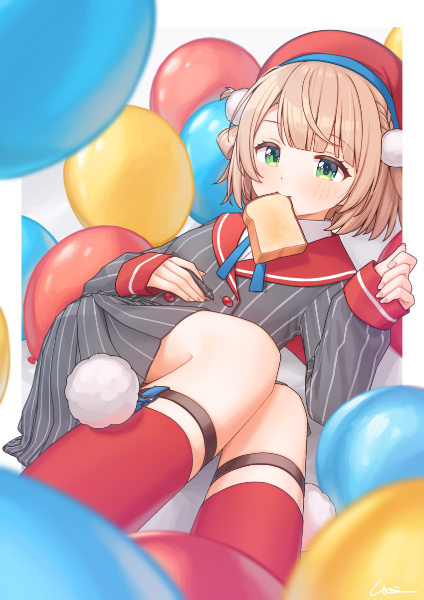 1girl absurdres balloon bread bread_slice eating food food_in_mouth green_eyes hair_ornament hat highres indie_virtual_youtuber mouth_hold pom_pom_(clothes) pom_pom_hair_ornament red_hat shigure_ui_(vtuber) simana solo striped_clothes stylus toast toast_in_mouth virtual_youtuber