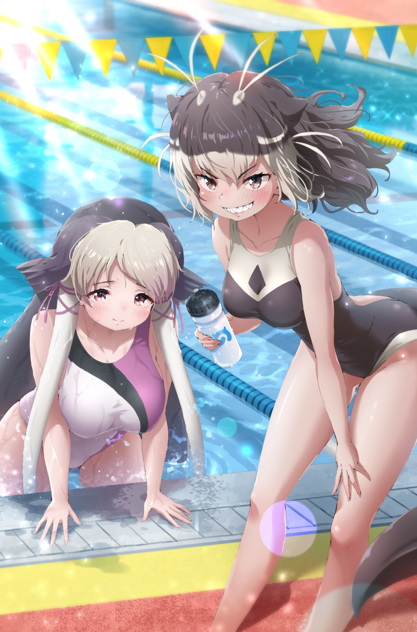 2girls animal_ears antenna_hair black_hair breasts brown_eyes brown_hair climbing closed_mouth day extra_ears fins floating_hair grey_hair grin head_fins highres holding kemono_friends kemono_friends_3 large_breasts leaning_forward legs_apart long_hair looking_at_viewer medium_breasts multiple_girls one-piece_swimsuit outdoors outstretched_arm outstretched_arms pool poolside red_eyes sharp_teeth smile standing swimsuit tail tan tayuura_(kuwo) teeth v-shaped_eyebrows very_long_hair walrus_(kemono_friends) water wet wet_clothes wet_face wet_swimsuit white_hair