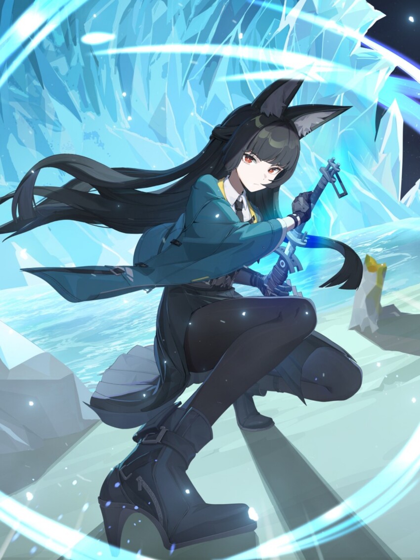 1girl animal_ear_fluff animal_ears black_boots black_gloves black_necktie black_pantyhose black_skirt blunt_bangs boots closed_mouth dress_shirt expressionless fingerless_gloves fox_ears fox_girl full_body gauntlets gloves high-waist_skirt highres holding holding_sword holding_weapon hoshimi_miyabi ice jacket long_hair looking_at_viewer necktie official_art outdoors pantyhose red_eyes shadow shirt sidelocks single_fingerless_glove skirt solo sword weapon white_shirt zenless_zone_zero