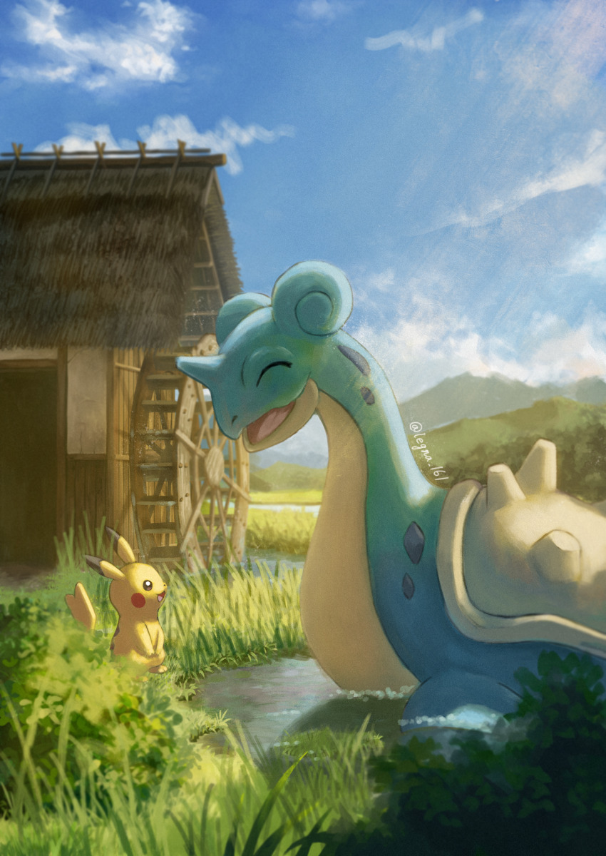 absurdres blue_sky bush cabin cloud day gen_1_pokemon grass highres lapras legna_(legna_161cm) looking_at_another nintendo no_humans nostrils open_mouth outdoors pikachu pokemon pokemon_(creature) sky twitter_username water_wheel