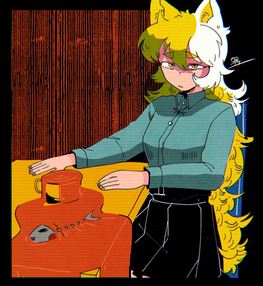 1girl black_border black_skirt blonde_hair border busujima_ike closed_mouth collared_shirt commentary cup dress_shirt fish_skeleton frown hands_on_table highres long_hair messy_hair orange_eyes original outside_border overflowing pleated_skirt shaded_face shirt shirt_tucked_in signature sitting skirt solo symbol-only_commentary table teacup very_long_hair yellow_nails