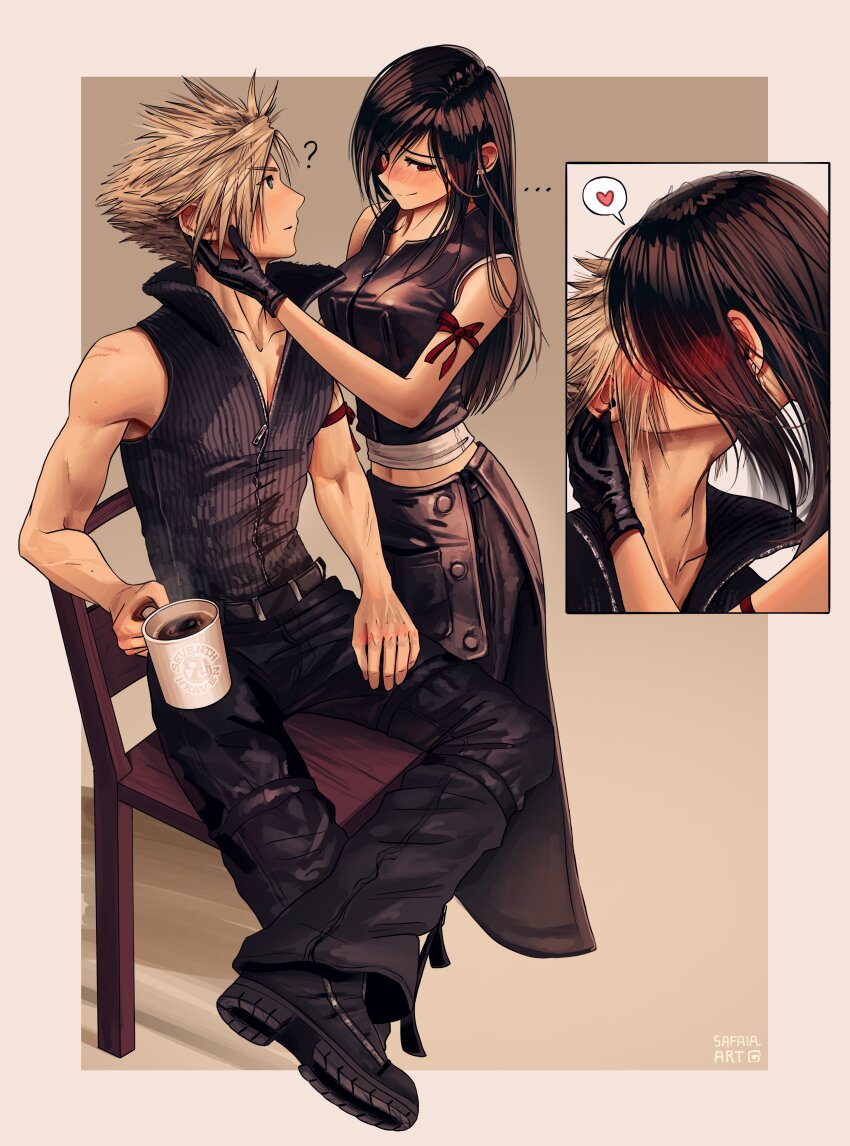 ... 1boy 1girl ? absurdres apron arm_ribbon artist_name averting_eyes baggy_pants bare_shoulders black_apron black_footwear black_gloves black_hair black_shorts black_vest blonde_hair blue_eyes blush breasts closed_mouth cloud_strife coffee_mug collarbone commentary couple crop_top cup earrings final_fantasy final_fantasy_vii final_fantasy_vii_advent_children full_body gloves hand_on_another&#039;s_head heart highres holding holding_cup jewelry kiss large_breasts long_hair looking_at_another midriff_peek mug multiple_views navel on_chair outside_border pants popped_collar red_eyes red_ribbon ribbed_shirt ribbon safaia shirt short_hair shorts sitting sleeveless sleeveless_shirt smile spiked_hair spoken_heart symbol-only_commentary tank_top teardrop_earrings tifa_lockhart upper_body vest waist_apron white_tank_top