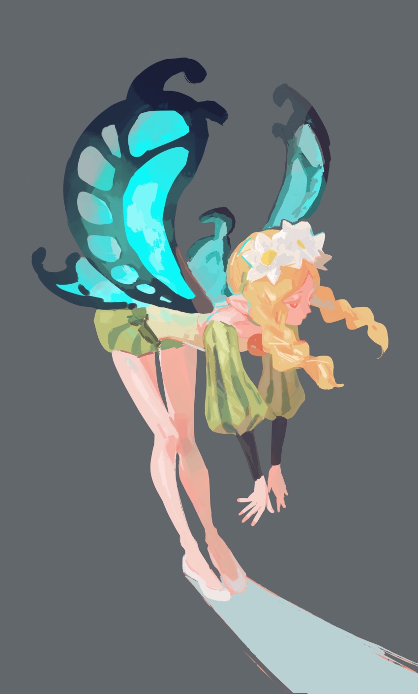 1girl absurdres bent_over blonde_hair braid butterfly_wings fairy flower full_body grey_background hair_flower hair_ornament highres insect_wings long_hair mercedes_(odin_sphere) mossan351 odin_sphere orange_eyes simple_background sketch solo twin_braids wings