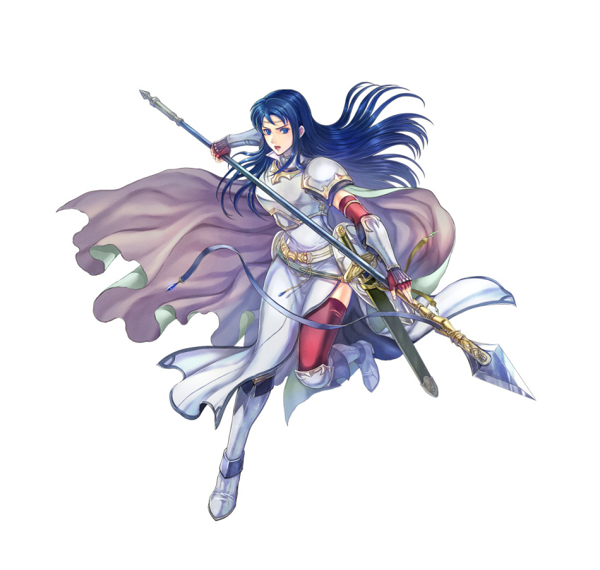1girl armor blue_eyes blue_hair breastplate cape elbow_gloves female_focus fingerless_gloves fire_emblem fire_emblem:_the_blazing_blade fire_emblem_heroes gloves holding holding_polearm holding_weapon isadora_(fire_emblem) long_hair matching_hair/eyes nintendo official_art pelvic_curtain polearm red_thighhighs shoulder_armor solo sword thighhighs vambraces weapon white_cape