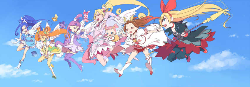 6+girls ai-chan_(dokidoki!_precure) aida_mana animal_print arm_warmers baby bat_print bike_shorts black_legwear blonde_hair blue_background blue_bow blue_eyes blue_hair boots bow brooch brown_eyes brown_hair cape creature cure_ace cure_diamond cure_heart cure_heart_(parthenon_mode) cure_rosetta cure_sword curly_hair davi_(dokidoki!_precure) day dokidoki!_precure double_bun full_body hair_bow hair_bun hair_ornament hairband half_updo heart heart_brooch heart_hair_bun high_ponytail highres hishikawa_rikka jewelry kenzaki_makoto knee_boots long_hair madoka_aguri magical_girl multiple_girls pantyhose patterned_legwear pink_bow pink_eyes pink_hair ponytail precure print_legwear purimari purple_eyes purple_footwear purple_hair purple_legwear purple_skirt rakeru_(dokidoki!_precure) rance_(dokidoki!_precure) red_eyes red_skirt regina_(dokidoki!_precure) ribbon sharuru_(dokidoki!_precure) shoes short_hair shorts shorts_under_skirt side_ponytail skirt sky smile spade_hair_ornament thigh_boots thighhighs twintails waist_bow wings yotsuba_alice