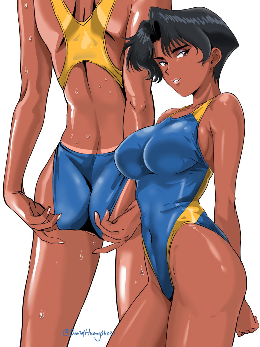 1girl absurdres ass black_hair breasts brown_eyes clothes_pull competition_swimsuit covered_erect_nipples dark-skinned_female dark_skin david_huang eyeshadow golden_boy hayami_ayuko highres looking_at_viewer makeup medium_breasts multiple_views one-piece_swimsuit one-piece_swimsuit_pull retro_artstyle short_hair solo swimsuit tan tanline wet white_background
