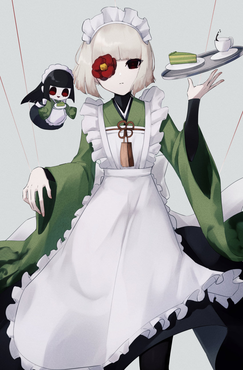 1girl absurdres apron black_eyes blunt_bangs breasts cake character_doll cup fate/grand_order fate_(series) food green_kimono grey_hair highres izanaware_game japanese_clothes kimono komahime_(fate) long_sleeves looking_at_viewer sen_no_rikyu_(fate) short_hair small_breasts tray white_apron wide_sleeves