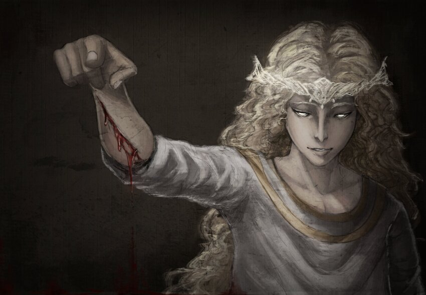 1boy absurdres bleeding blonde_hair blood circlet commentary elden_ring elden_ring:_shadow_of_the_erdtree english_commentary evil_smile glowing glowing_eyes gold_circlet gold_trim highres injury long_hair looking_at_viewer miquella_(elden_ring) pointing pointing_at_viewer satsu-strive sleeveless_tunic smile tunic very_long_hair wavy_hair white_tunic yellow_eyes
